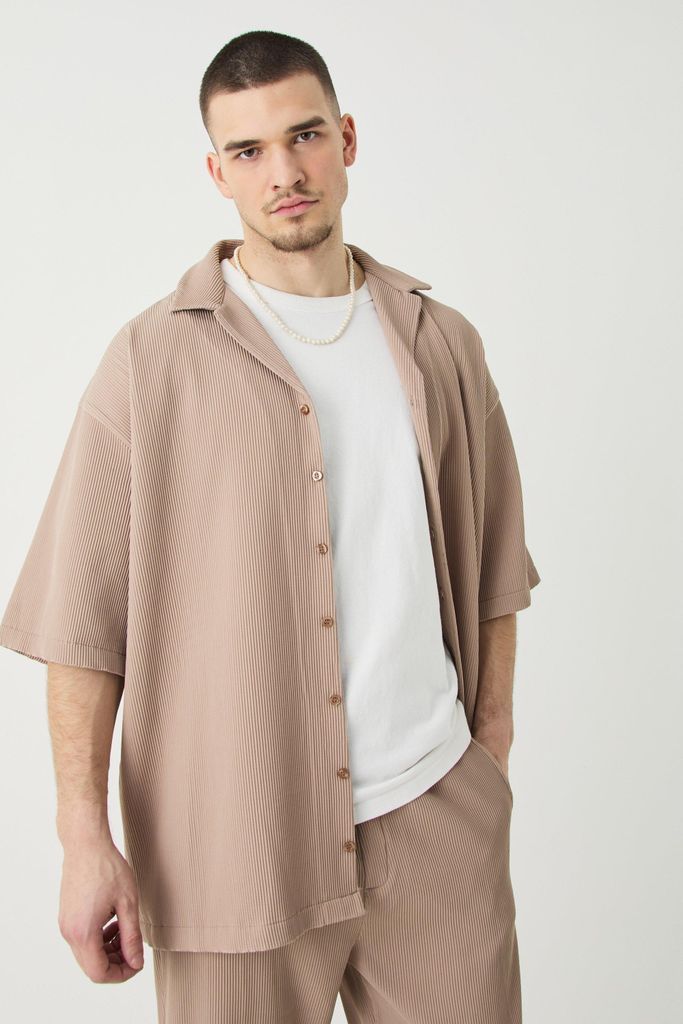 Men's Tall Short Sleeve Oversized Revere Pleated Shirt - Brown - S, Brown