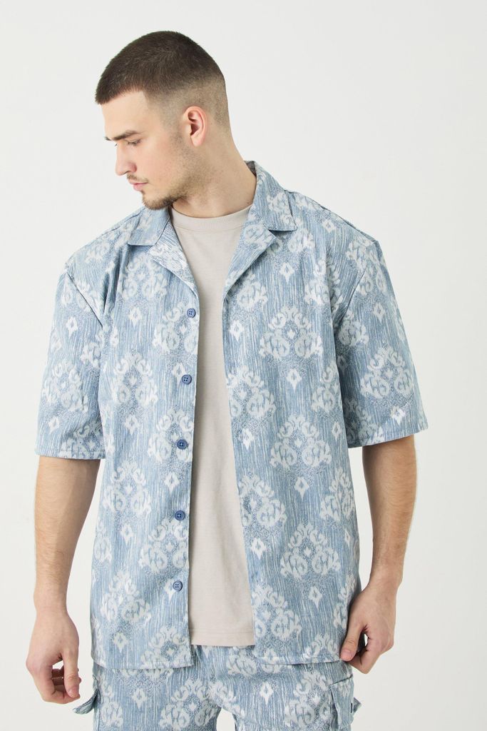 Men's Tall Short Sleeve Textured Drop Revere Shirt In Blue - S, Blue