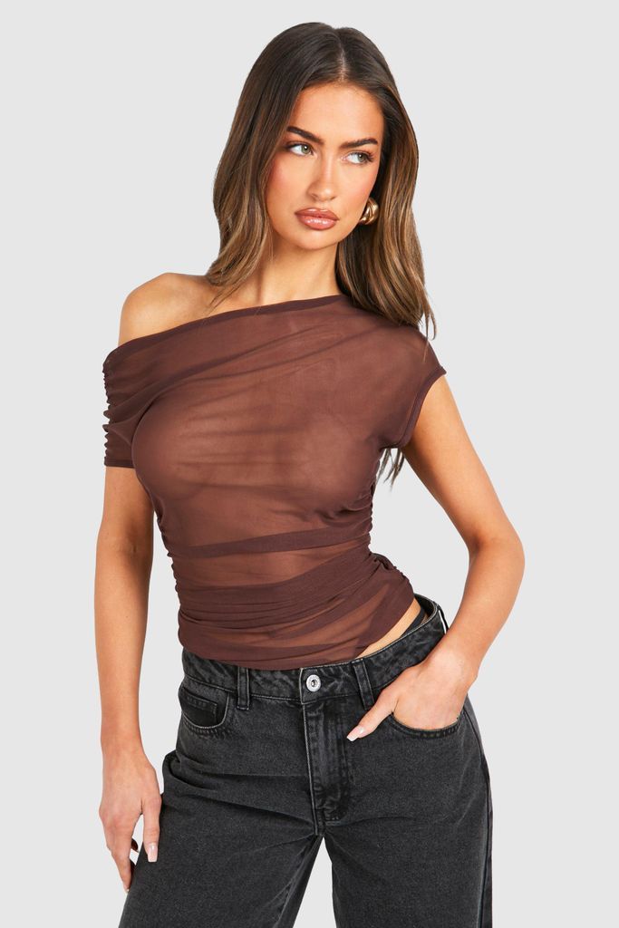 Womens Asymmetric Cap Sleeve Mesh Top - Brown - 6, Brown