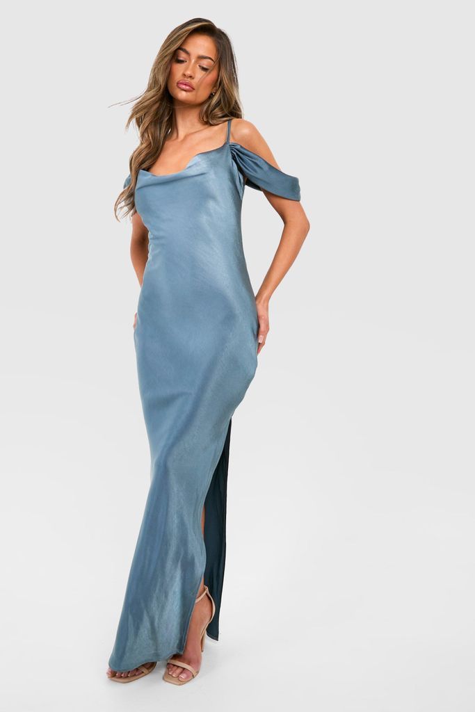 Womens Bridesmaid Satin Cold Shoulder Maxi Dress - Blue - 8, Blue