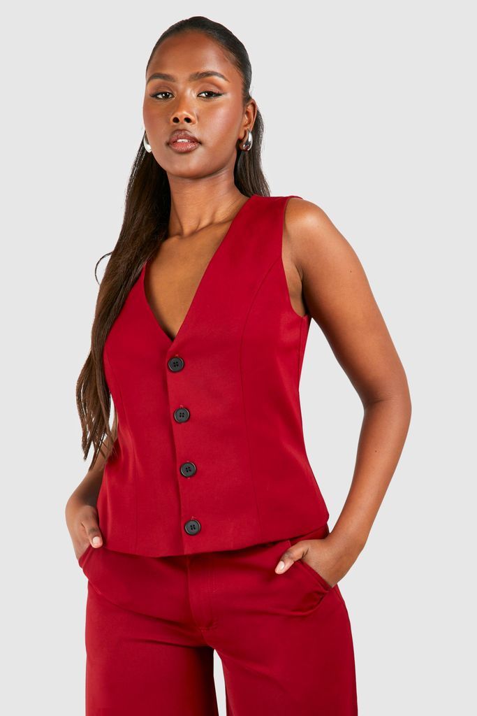 Womens Contrast Button Fitted Waistcoat - Red - 6, Red