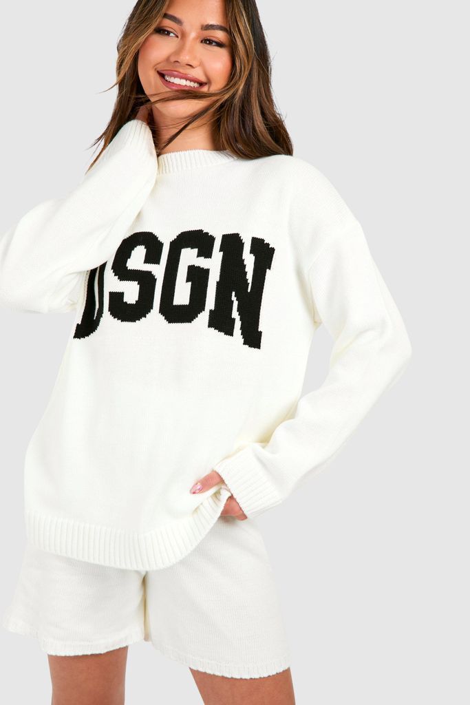 Womens Dsgn Crew Neck Jumper And Shorts Knitted Set - Cream - S, Cream