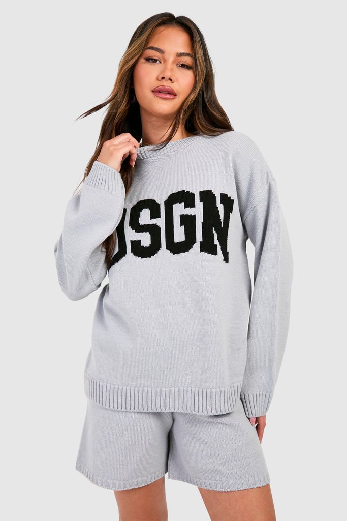 Womens Dsgn Crew Neck Jumper And Shorts Knitted Set - Grey - L, Grey