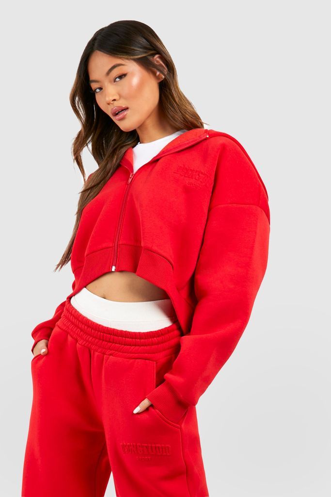 Womens Dsgn Studio Embossed Boxy Cropped Zip Through Hoodie - Red - S, Red