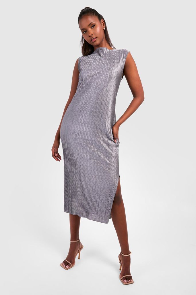 Womens Plisse High Neck Midaxi Dress - Grey - 8, Grey