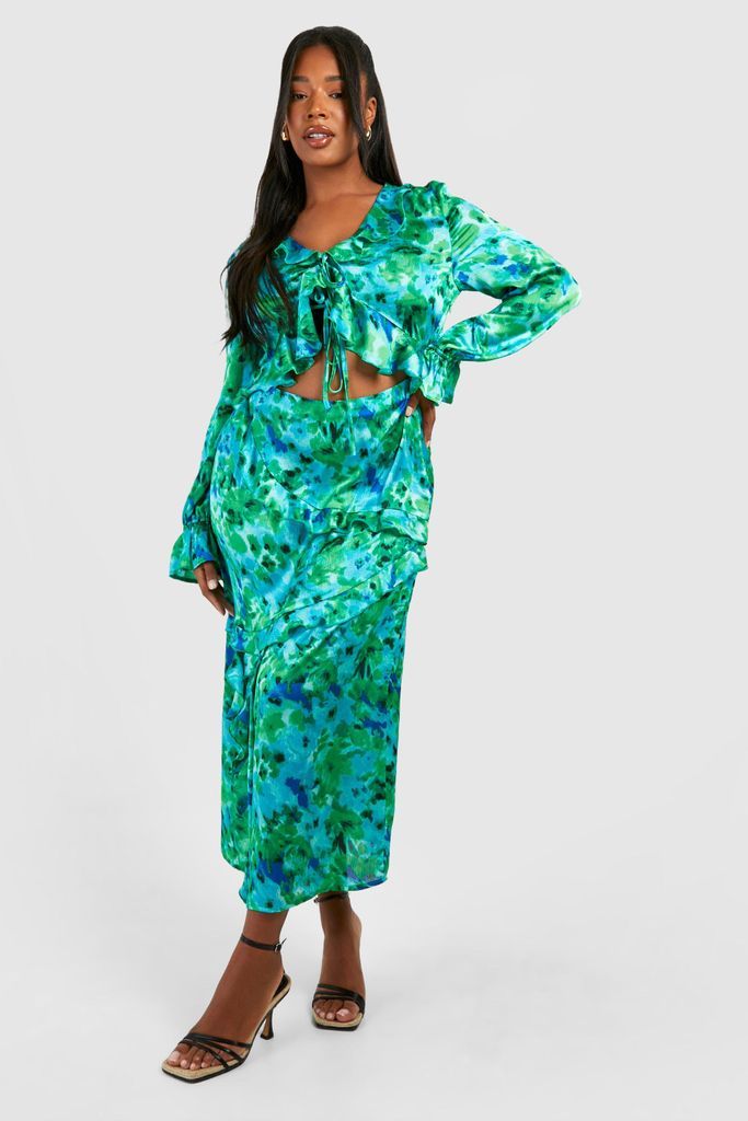 Womens Plus Floral Cut Out Ruffle Midaxi Dress - Green - 16, Green