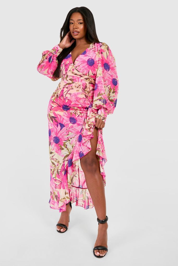 Womens Plus Floral Ruffle Wrap Maxi Dress - Pink - 16, Pink