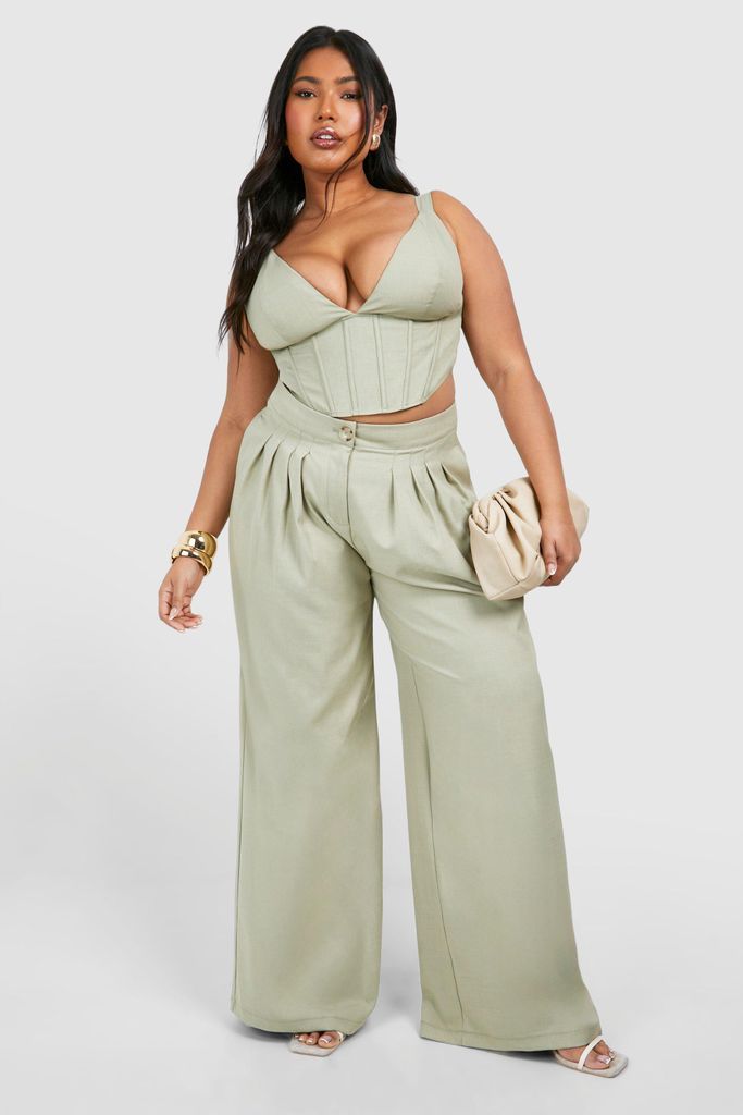 Womens Plus Pleat Front Linen Tailored Trouser - Green - 16, Green
