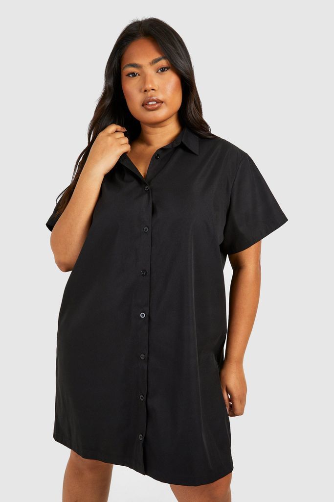 Womens Plus Poplin Short Sleeve Oversized Shirt Dress - Black - 16, Black