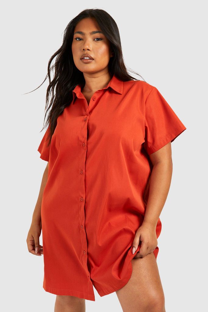 Womens Plus Poplin Short Sleeve Oversized Shirt Dress - Orange - 16, Orange