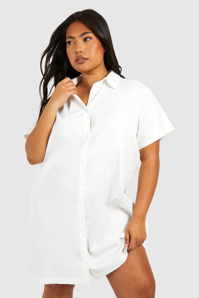 Womens Plus Poplin Short Sleeve Oversized Shirt Dress - White - 16, White