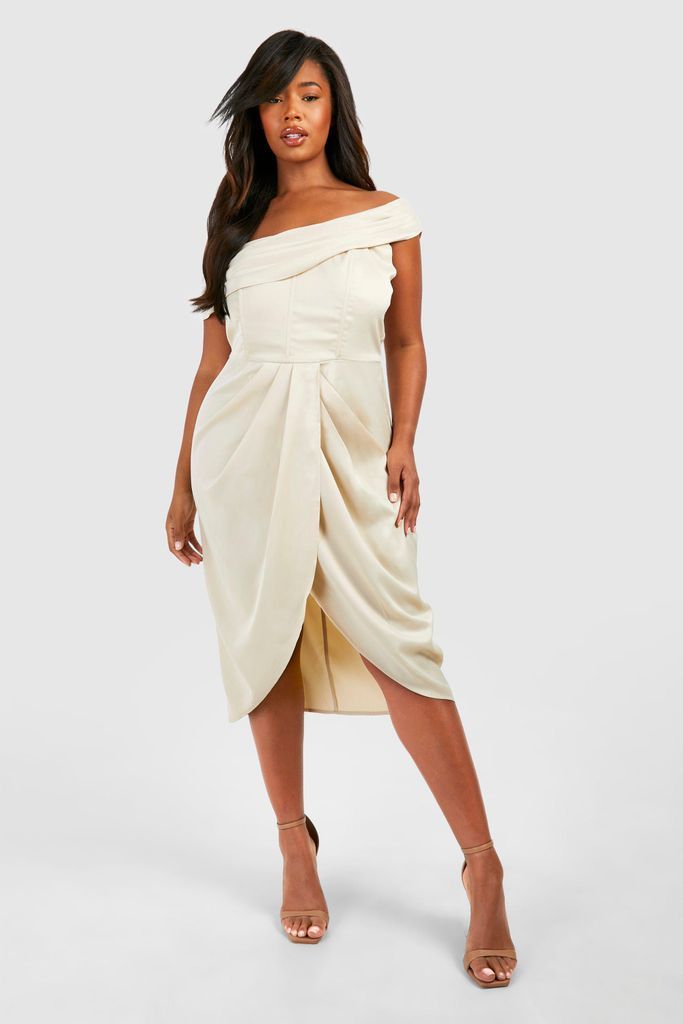 Womens Plus Satin Corset Shoulder Wrap Midi Dress - Beige - 16, Beige