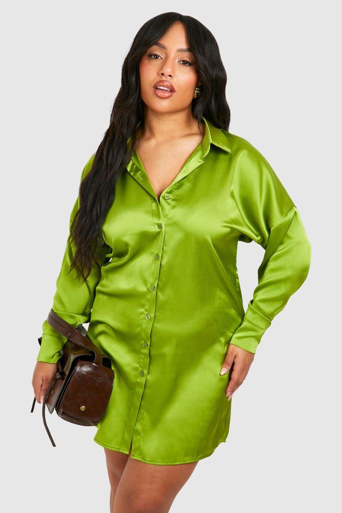 Womens Plus Satin Shirt Dress - Green - 16, Green