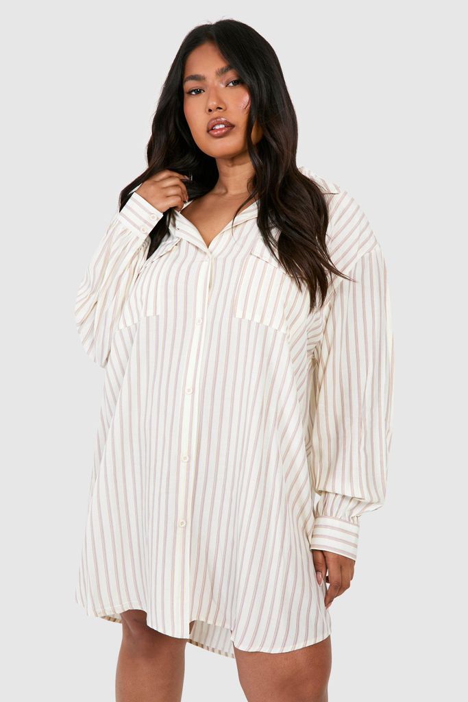 Womens Plus Stripe Oversized Shirt Dress - Beige - 16, Beige
