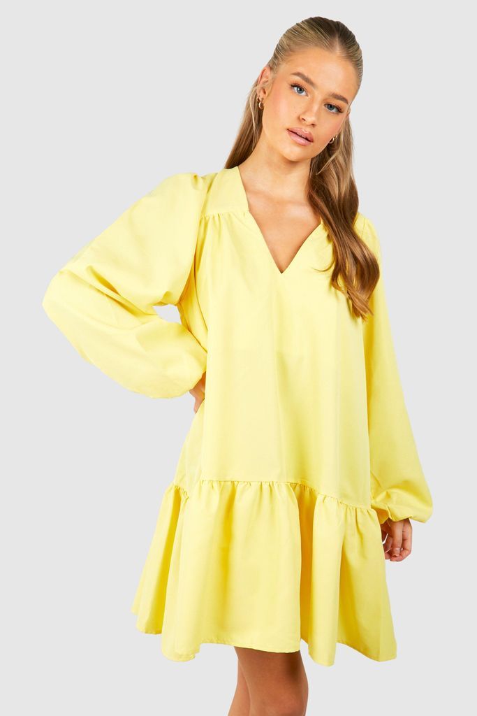 Womens Poplin Blouson Sleeve Drop Hem Smock Dress - Yellow - 8, Yellow