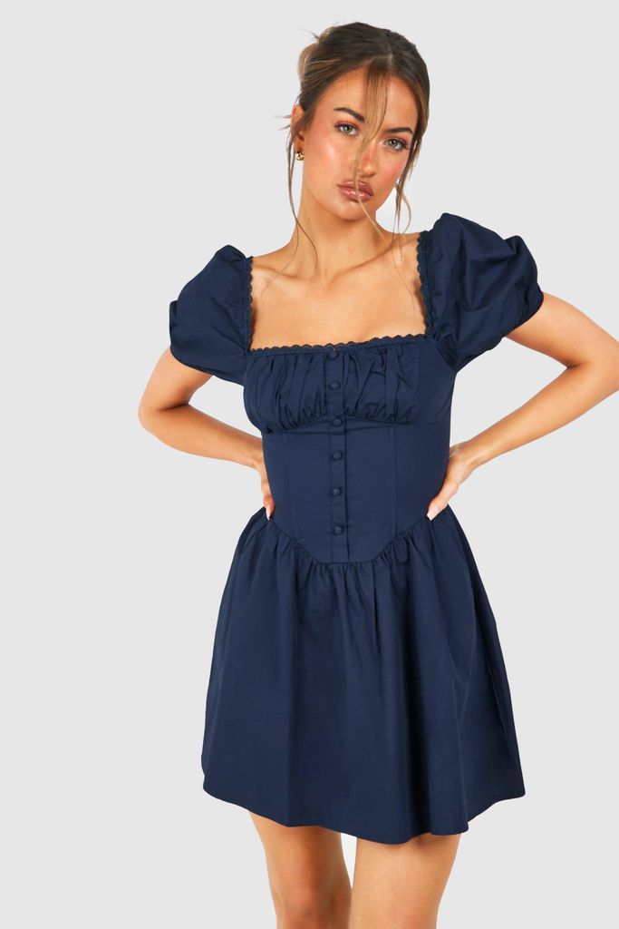 Womens Puff Sleeve Cotton Rouched Milkmaid Mini Dress - Navy - 8, Navy