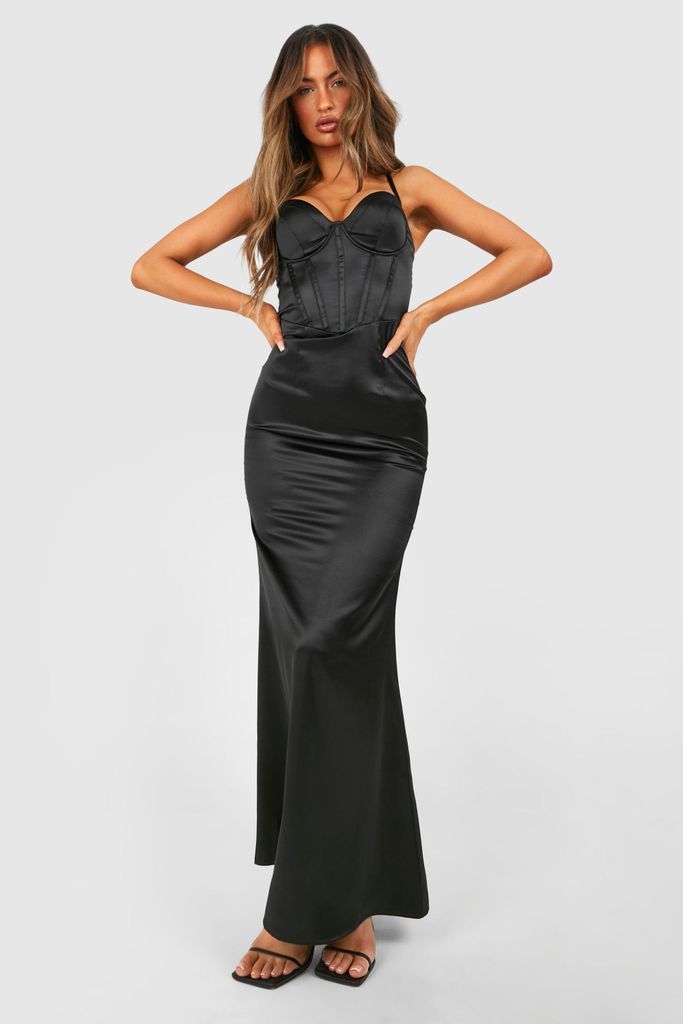 Womens Satin Corset Strappy Maxi Dress - Black - 8, Black