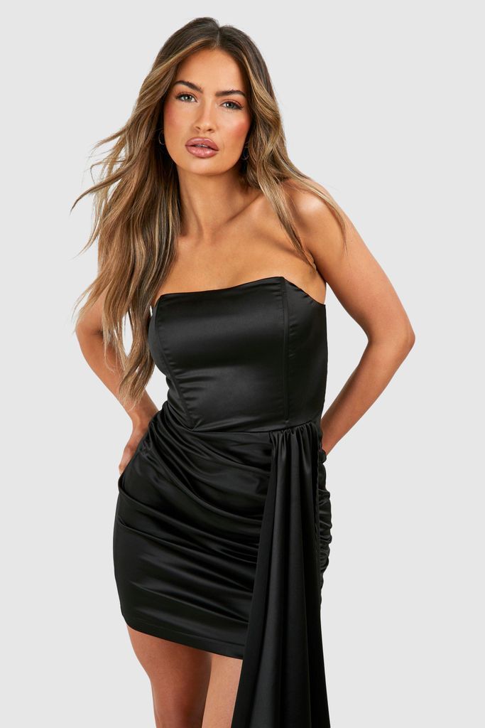 Womens Satin Ruched Mini Dress - Black - 8, Black