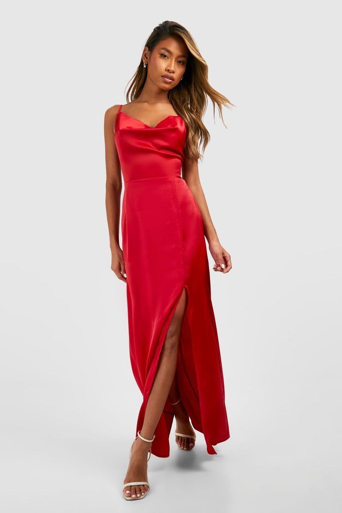 Womens Satin Slip Side Split Maxi Dress - Red - 8, Red