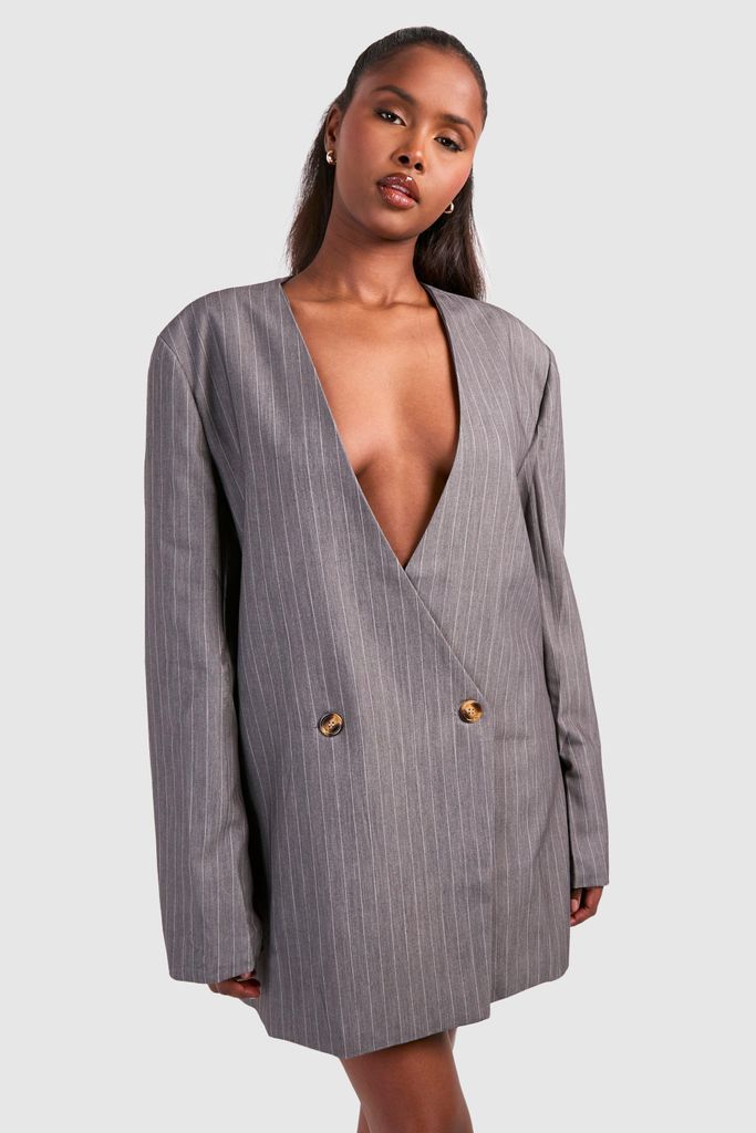 Womens Stripe Oversized Collarless Blazer Dress - Grey - 8, Grey