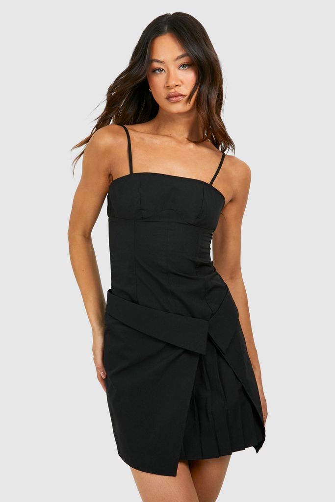 Womens Tall Woven Pleated Detail Mini Dress - Black - 8, Black