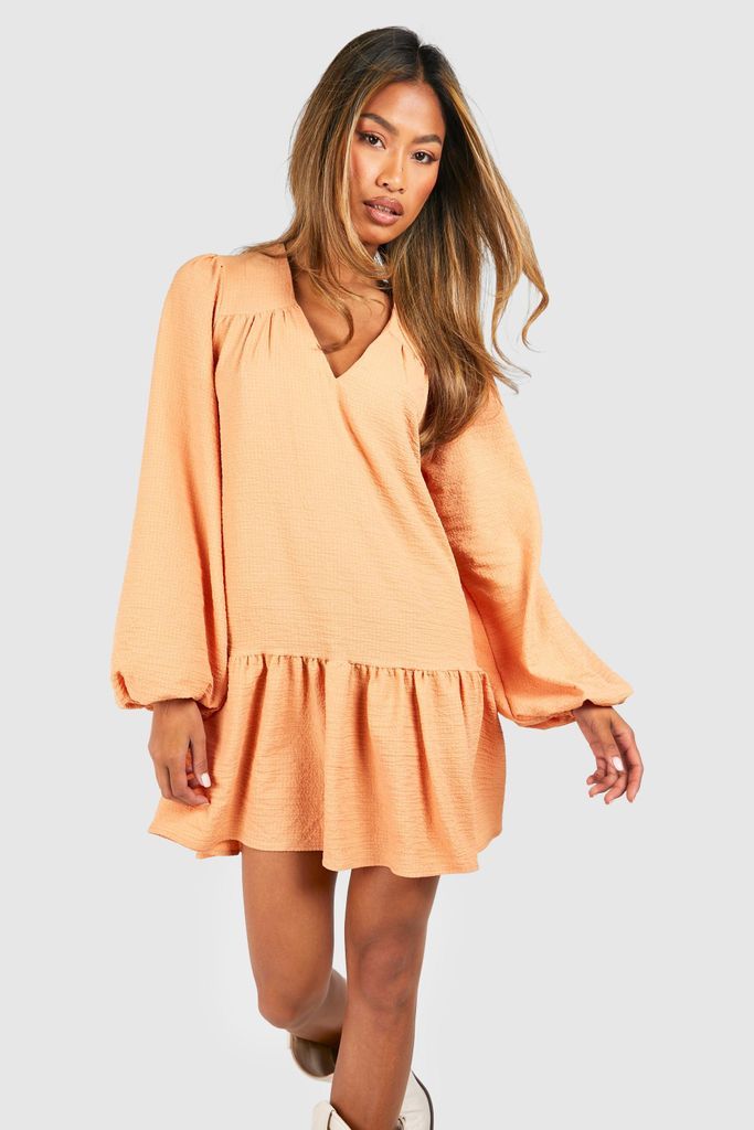 Womens Textured Blouson Sleeve Mini Smock Dress - Orange - 8, Orange
