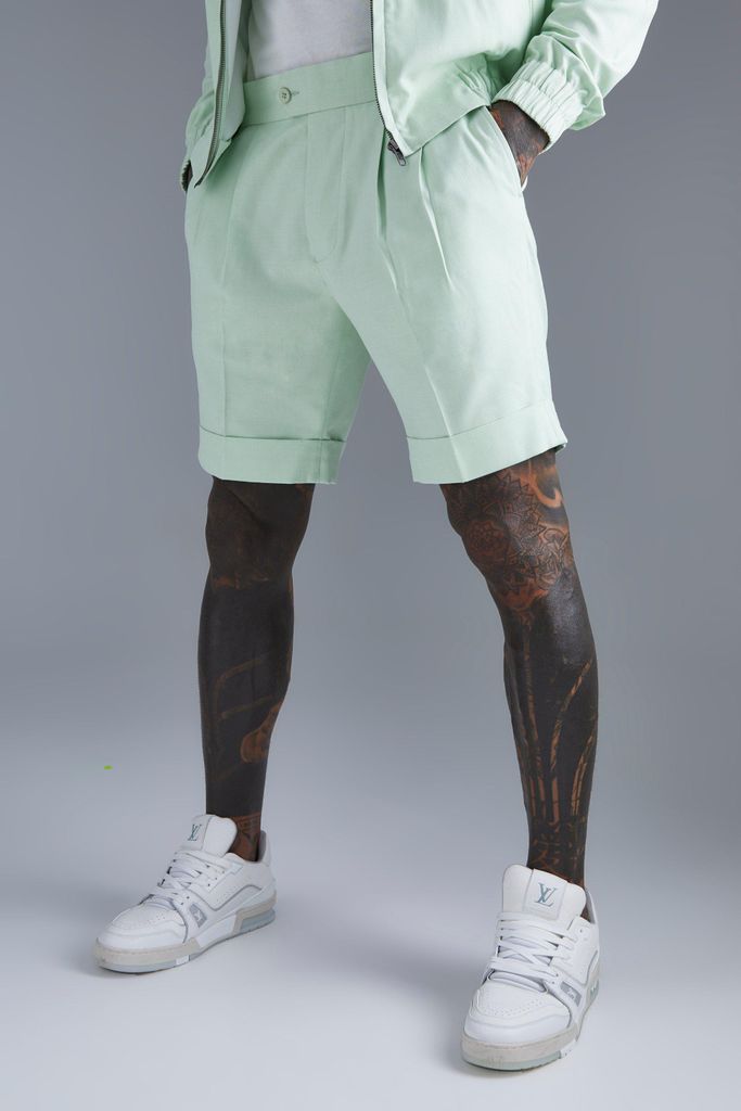 Men's Linen Smart Pleat Front Short - Green - 30, Green