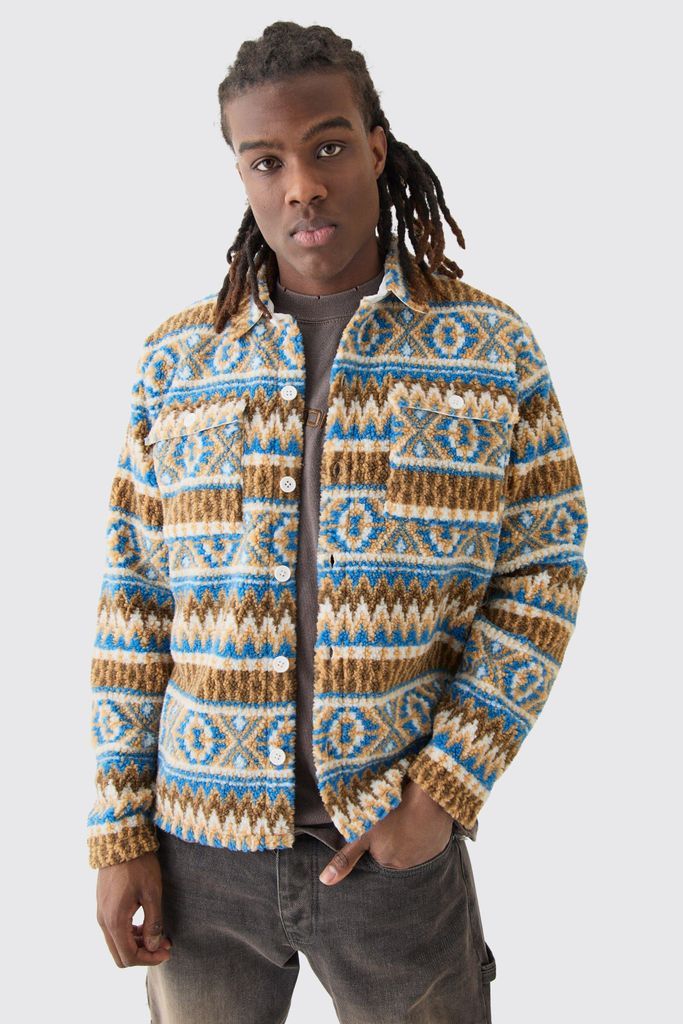 Men's Borg Patch Pocket Stripe Aztec Overshirt - Yellow - S, Yellow