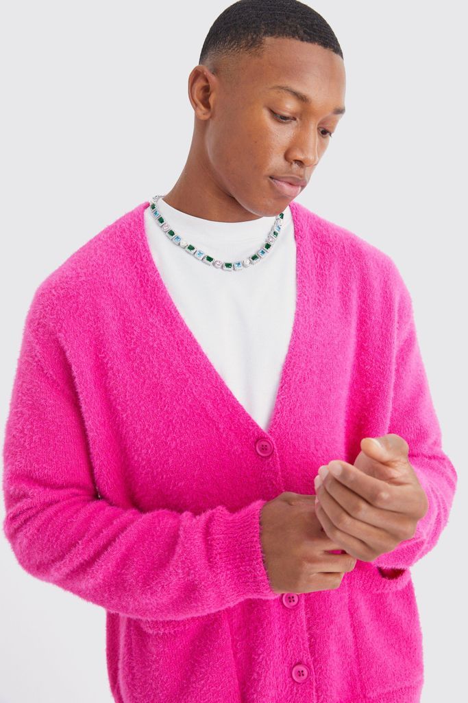 Men's Boxy Fluffy Knitted Cardigan - Pink - S, Pink
