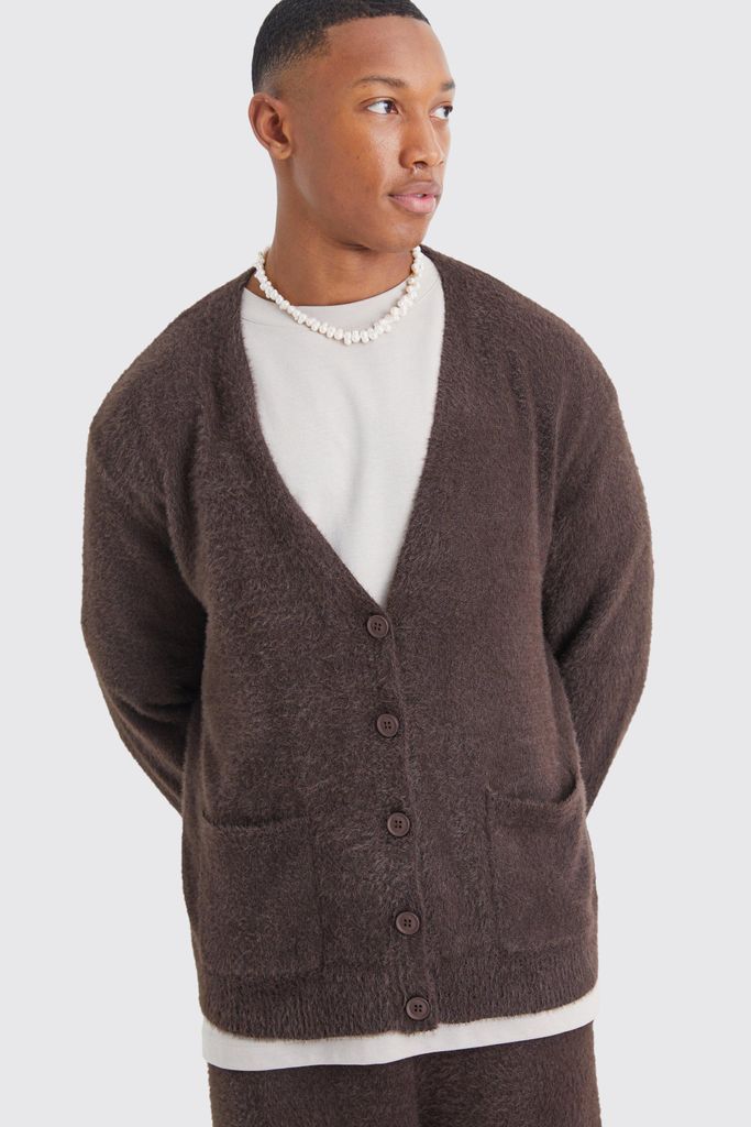 Men's Boxy Fluffy Knitted Cardigan - Brown - S, Brown
