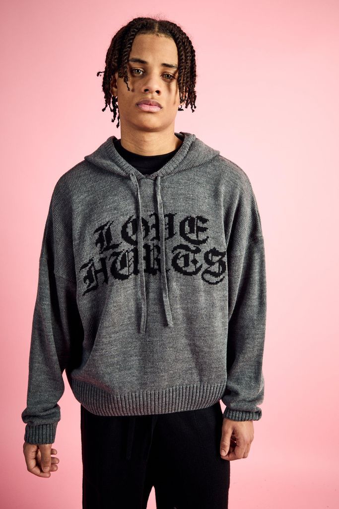 Men's Boxy Knitted Hoodie With Gothic Font Graphic - Grey - S, Grey
