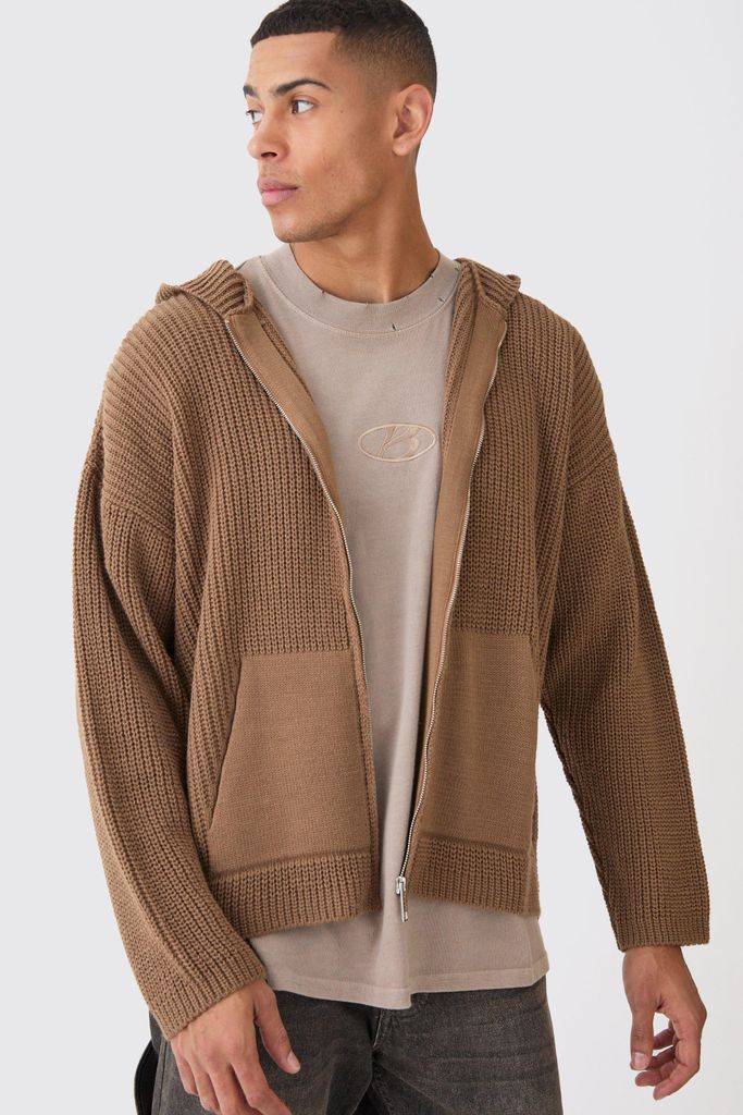 Men's Boxy Ribbed Knitted Zip Through Hoodie - Beige - S, Beige