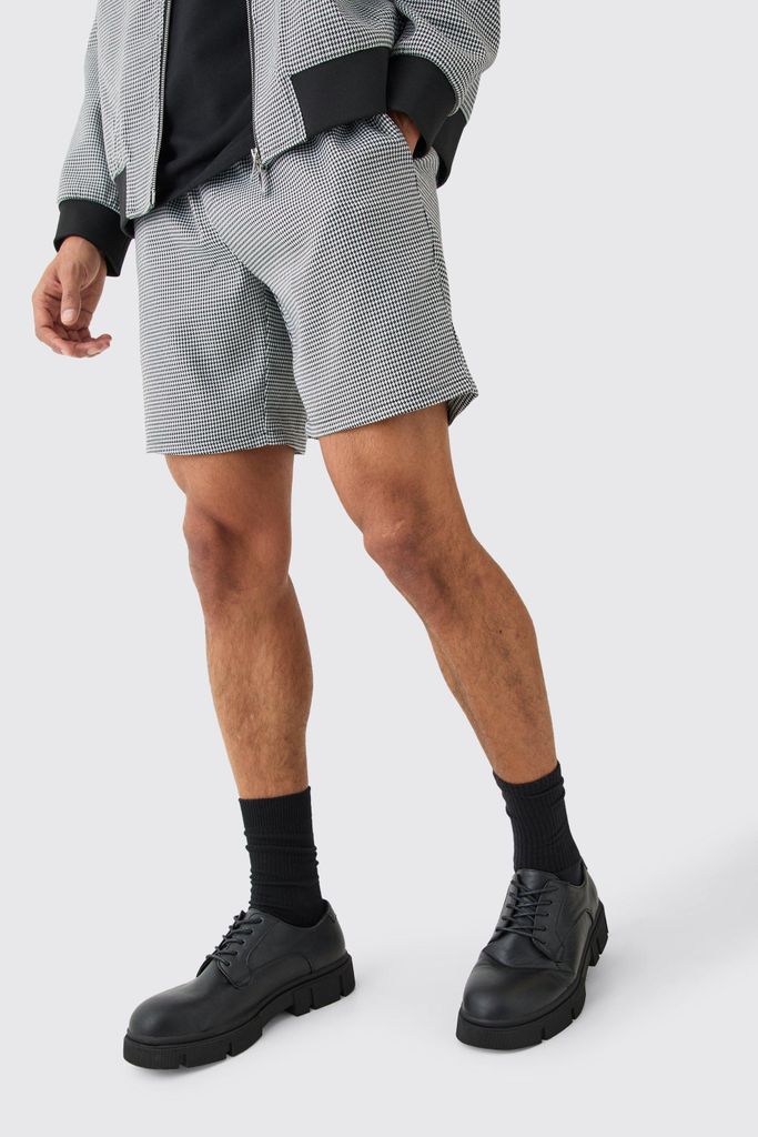 Men's Houndstooth Checked Elasticated Waist Shorts - Black - 28, Black