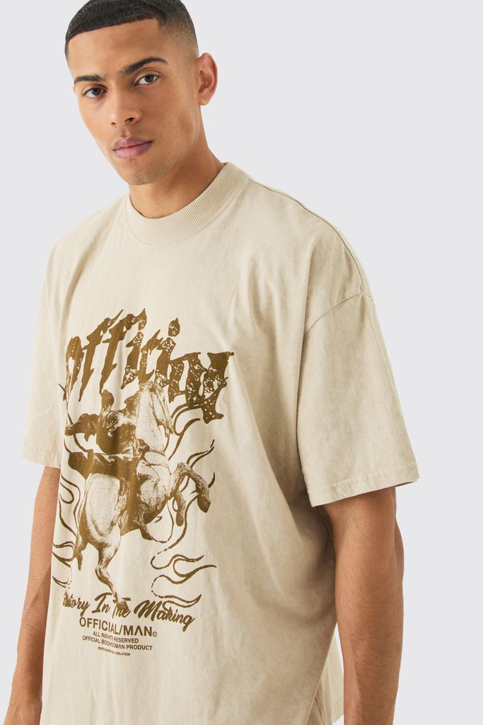 Men's Oversized Acid Wash Official Graphic T-Shirt - Beige - S, Beige