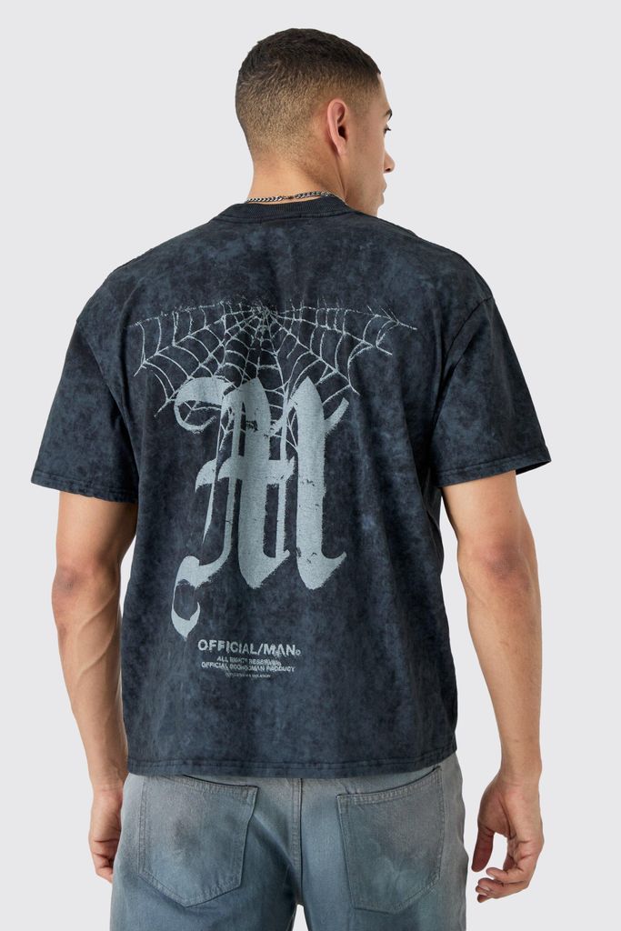 Men's Oversized Boxy Acid Wash M Graphic T-Shirt - Black - S, Black