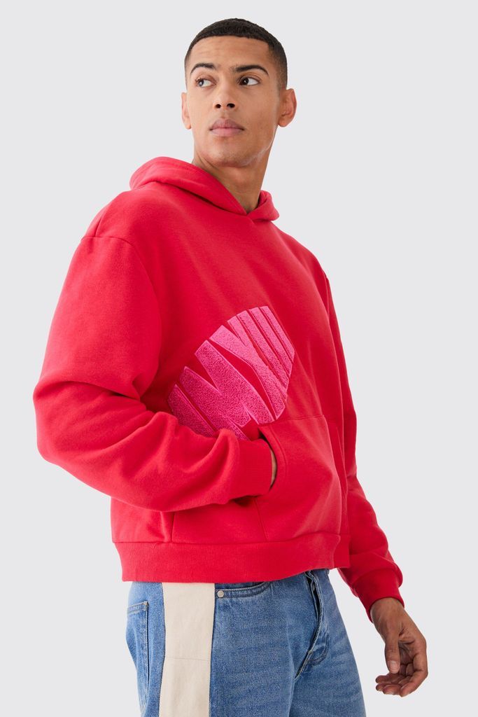 Men's Oversized Boxy Borg Applique Hoodie - Red - S, Red
