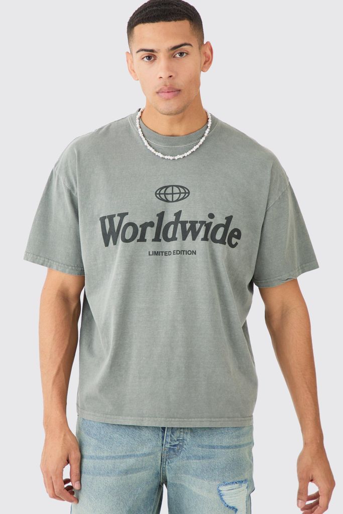 Men's Oversized Boxy Overdye Worldwide T-Shirt - Green - S, Green