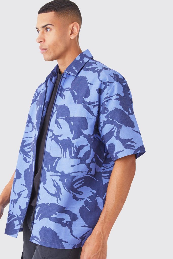 Men's Oversized Boxy Ripstop Zip Through Camo Shirt - Blue - S, Blue