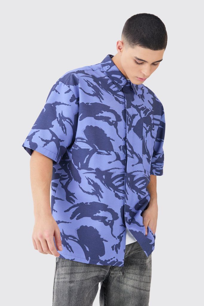 Men's Oversized Boxy Ripstop Camo Shirt - Blue - S, Blue