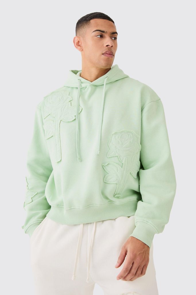 Men's Oversized Spray Wash Rose Embroidery Hoodie - Green - S, Green