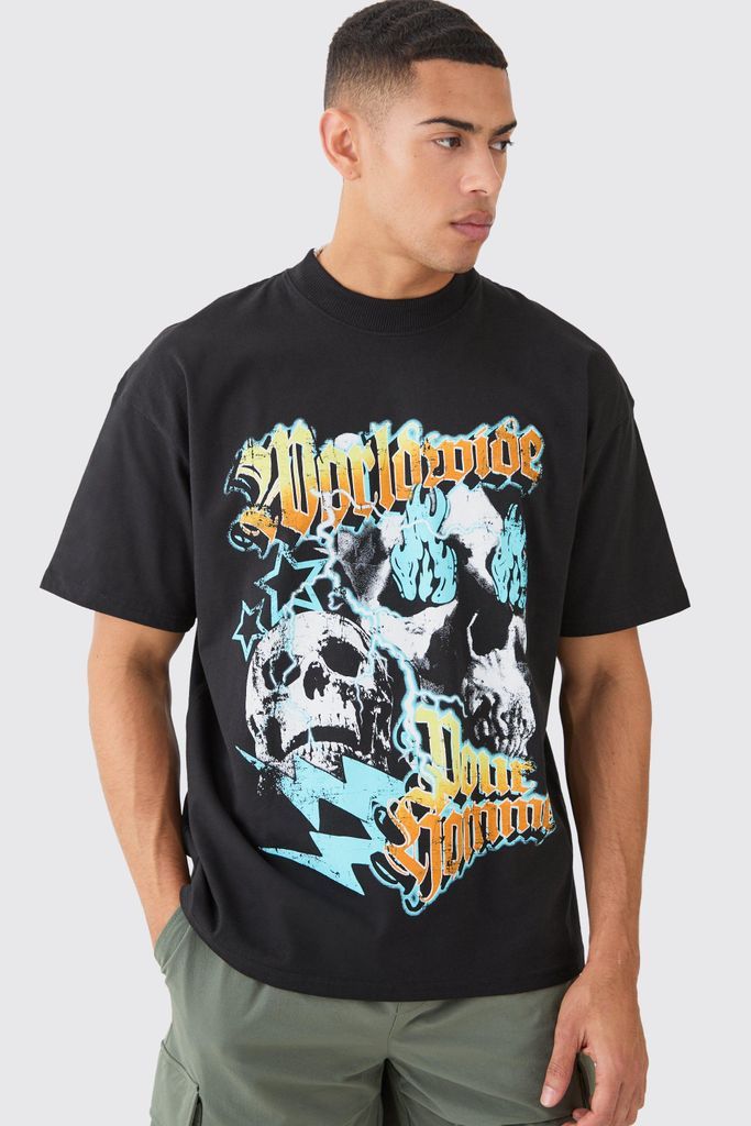 Men's Oversized Worldwide Skull T-Shirt - Black - S, Black