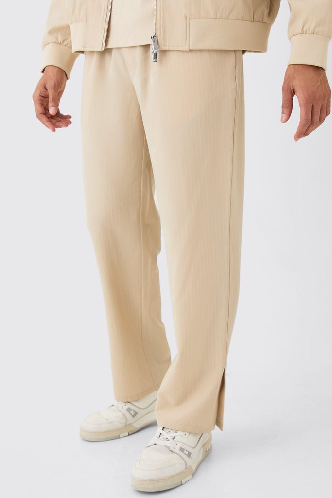 Men's Pinstripe Elasticated Waist Split Hem Trousers - Beige - 28, Beige