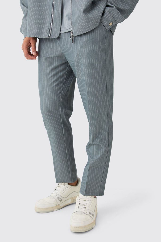 Men's Pinstripe Elasticated Waist Tapered Trousers - Grey - 28, Grey