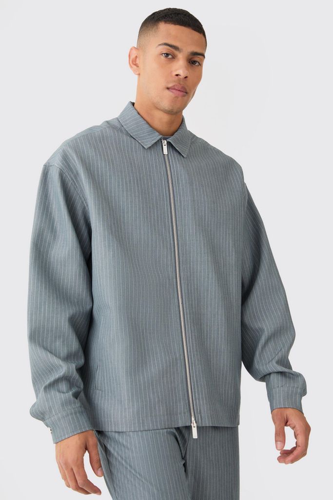 Men's Pinstripe Relaxed Fit Longline Smart Harrington Jacket - Grey - 34, Grey