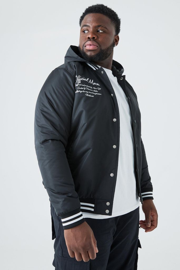 Men's Plus Nylon Varsity Jacket With Hood - Black - Xxxl, Black