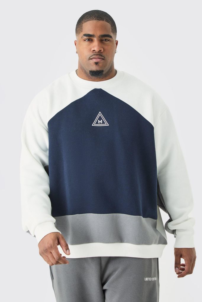 Men's Plus Oversized Colour Block Branded Sweatshirt In Navy - Xxxxxl, Navy