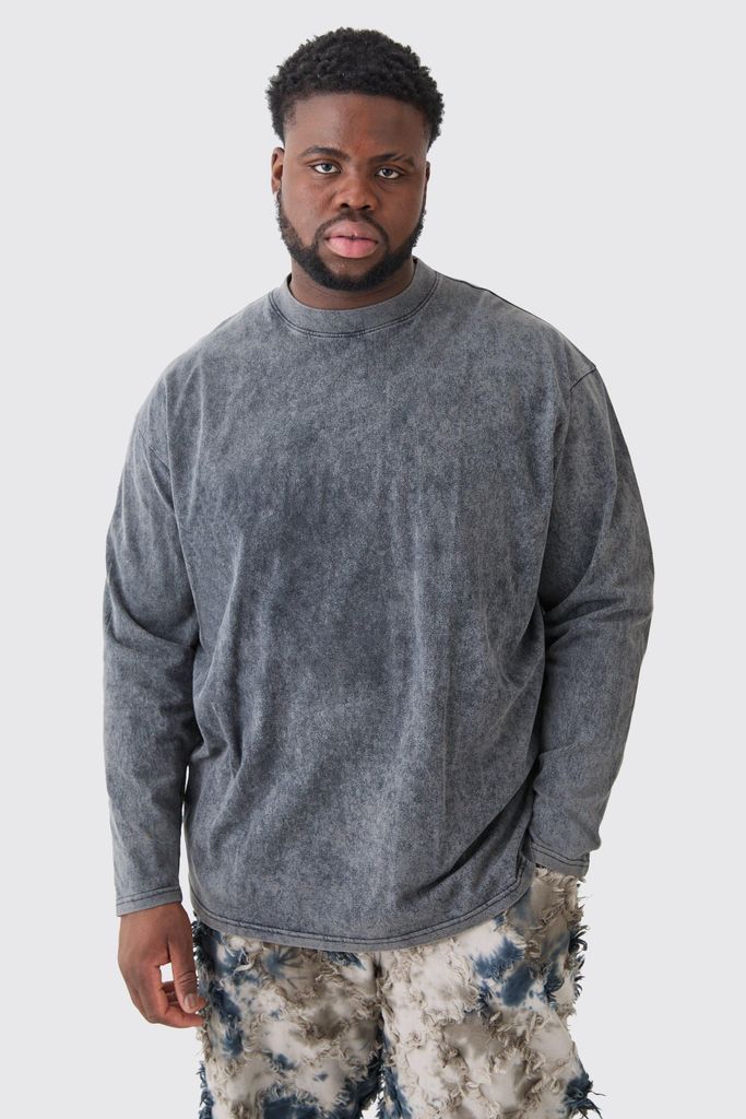 Men's Plus Oversized Extended Neck Laundered Wash Long Sleeve T-Shirt - Grey - Xxxl, Grey