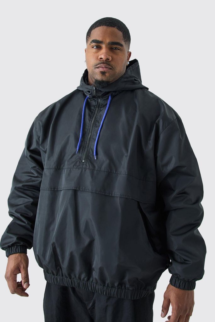 Men's Plus Oversized Hooded Half Zip Windbreaker - Black - Xxxl, Black