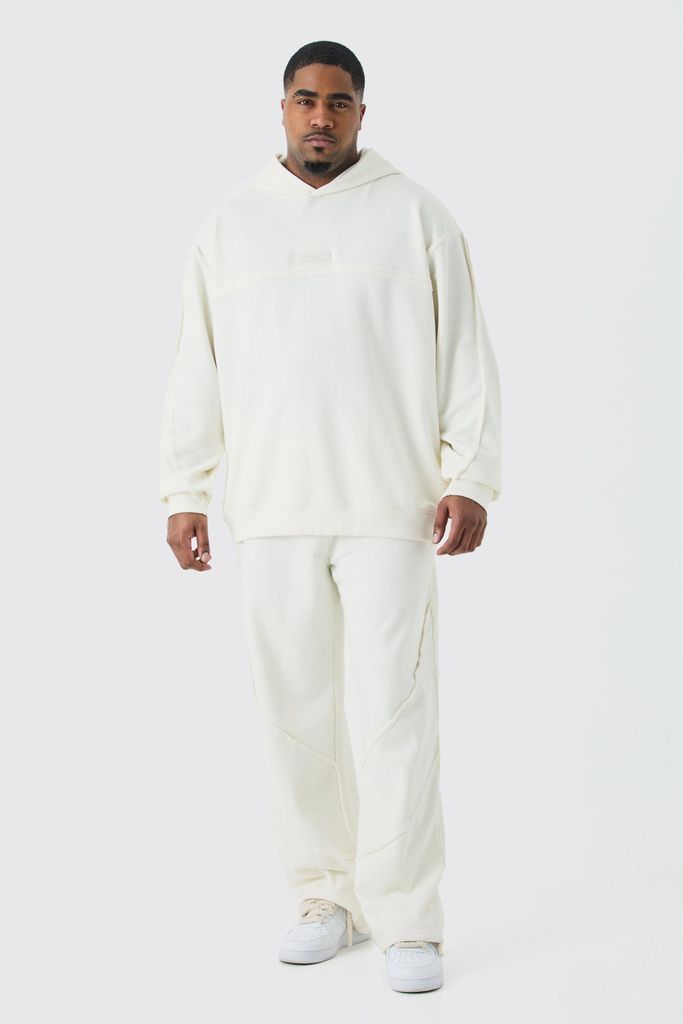 Men's Plus Oversized Loopback Raw Hem Panel Hooded Tracksuit - Cream - Xxxl, Cream