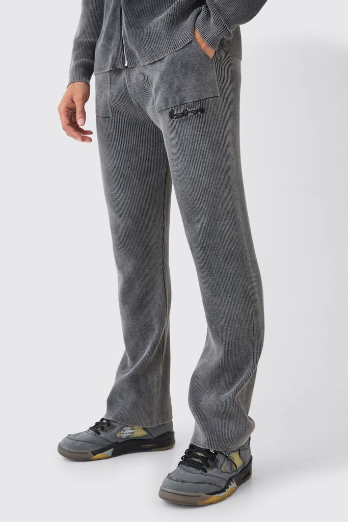 Men's Regular Fit Acid Wash Ribbed Knitted Joggers - Grey - S, Grey